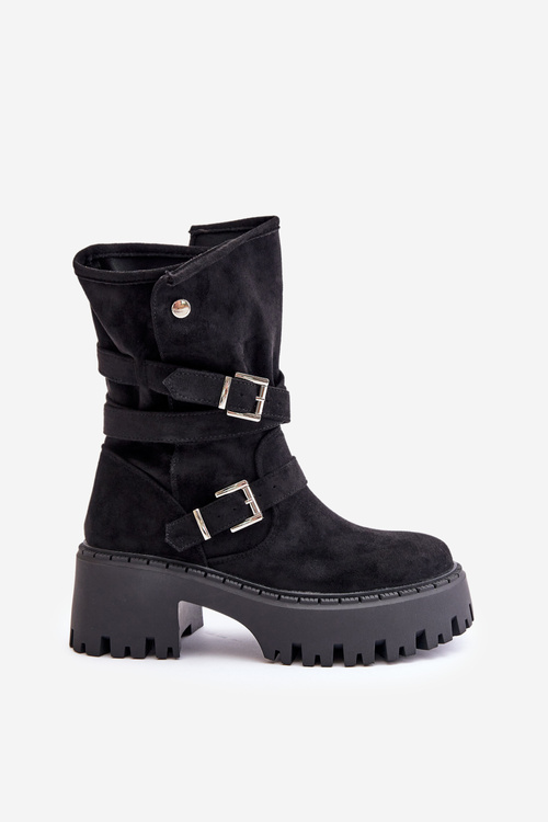 Women's Ankle Boots On Chunky Heel With Buckles And Strap Black Nerelisa
