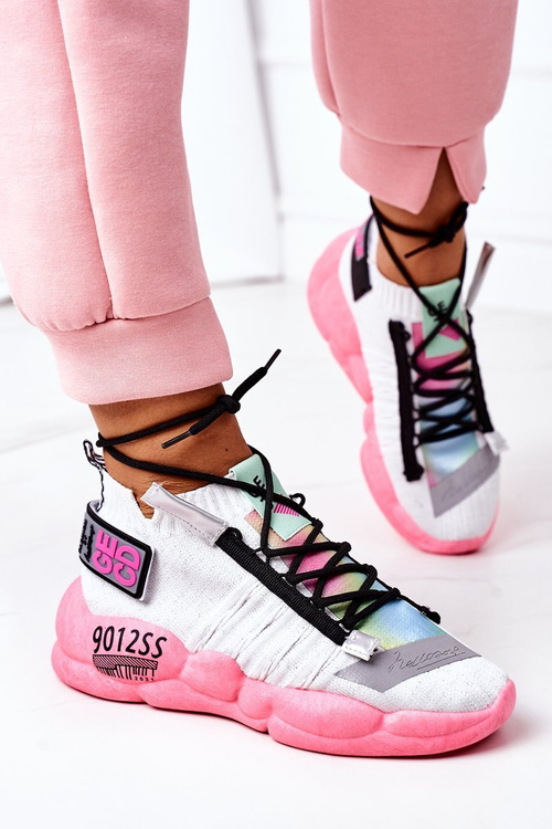 Sneakersy Sportowe Buty Wiązane Biało-Różowe Bubble Tea