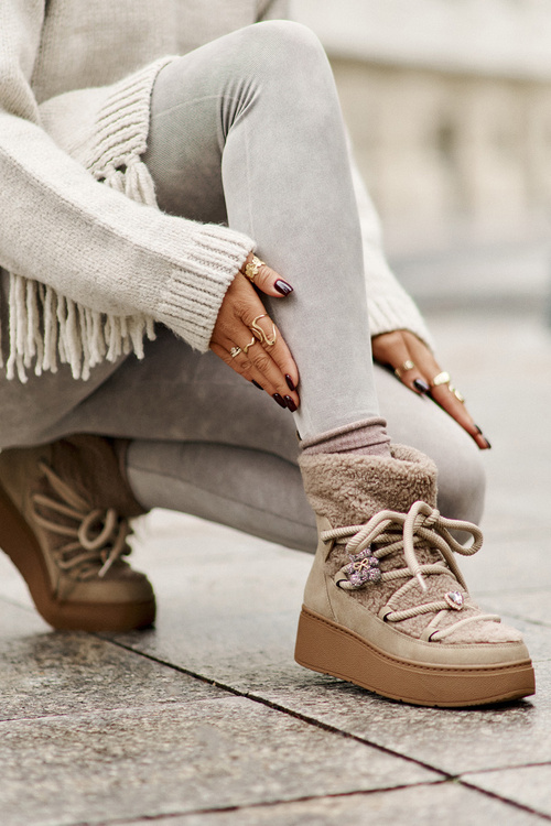 Damskie Śniegowce Na Platformie Z Przypinkami I Futerkiem Brązowe Almatiza