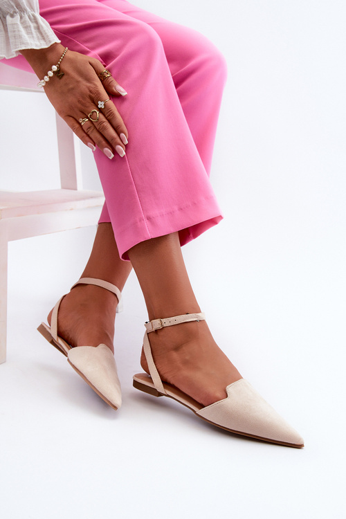 Lace-up Ballerina Flats in Faux Suede with Pointed Toes Beige Ellesara