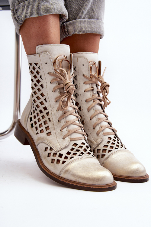 Botki Skórzane Ażurowe Na Suwak Złoty Przecierany Zazoo 2695