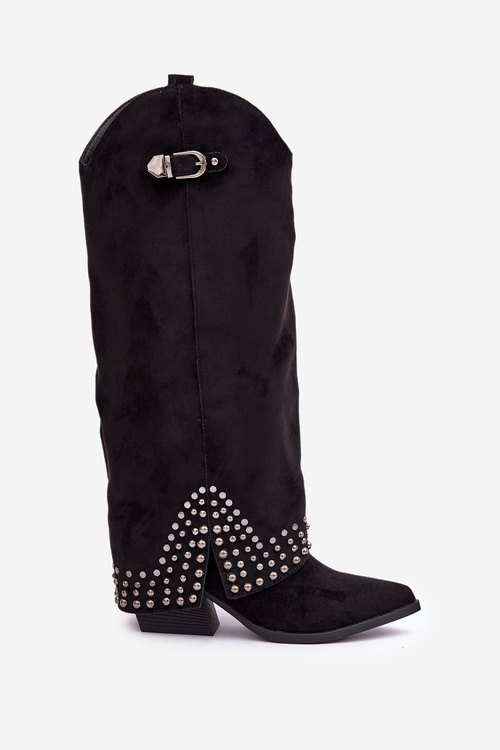 Botki Z Dżetami I Wywiniętą Cholewką Na Słupku Czarne Iveliri
