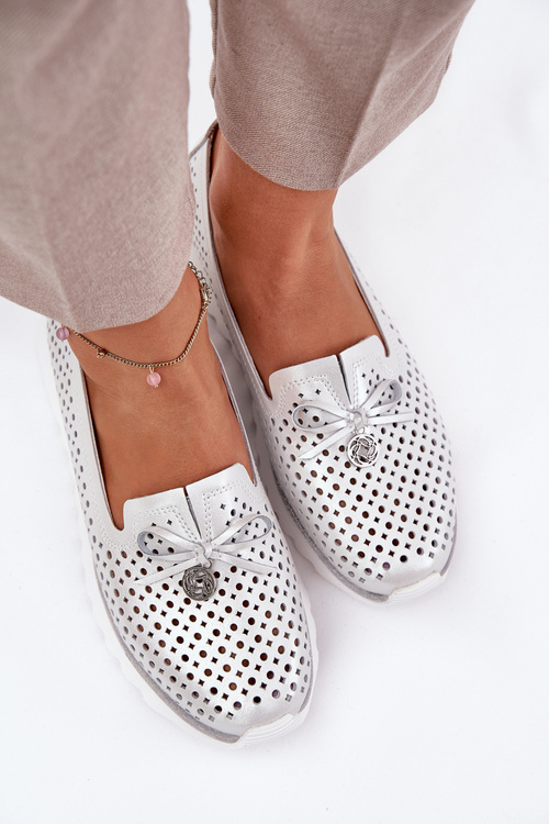 Półbuty Damskie Ażurowe Na Platformie Skóra Naturalna Srebrne D&A LR51-631