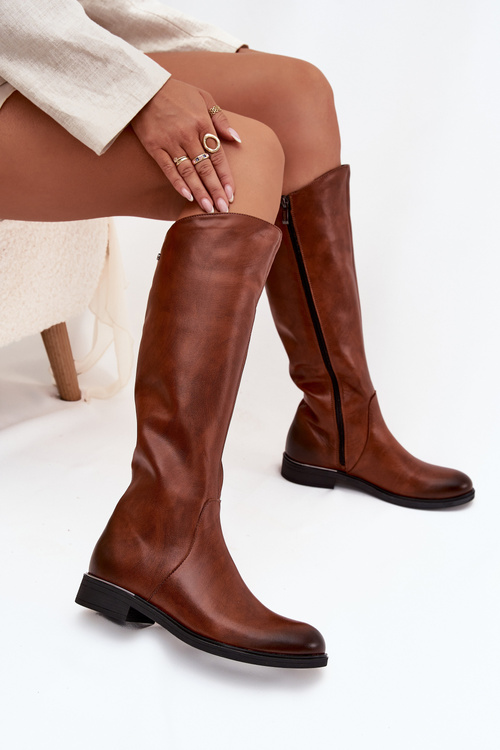 Leather Women's Boots Flat Heel Insulated Zazoo 70150 Brown