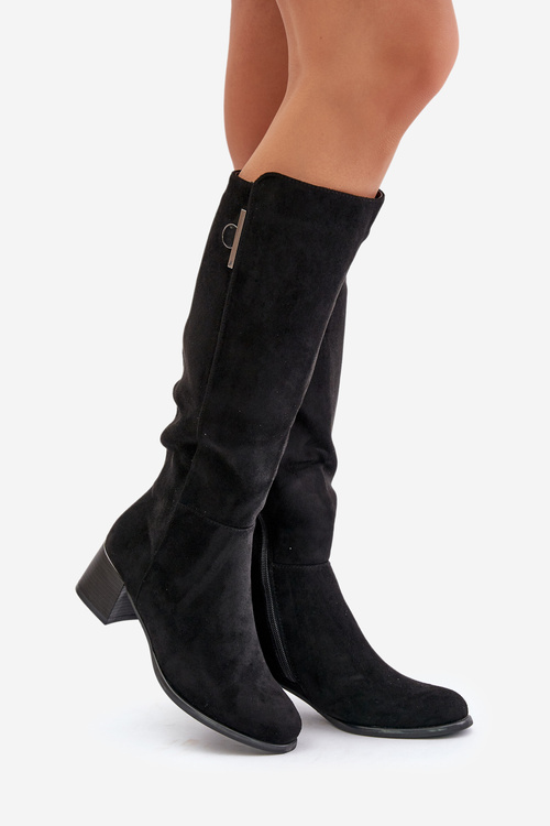 Knee High Heeled Boots Made of Eco Suede Black Izanae