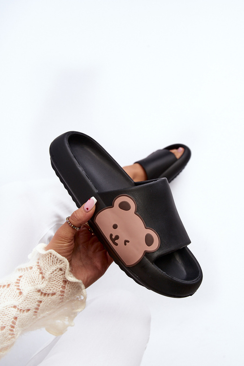 Women's Lightweight Foam Slippers Bear Motif Black Parisso