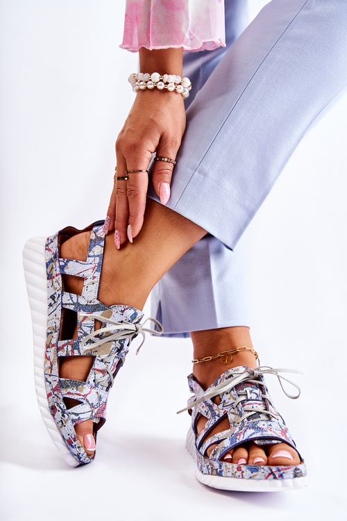 Women's Leather Sandals With Velcro 05375-06 Blue