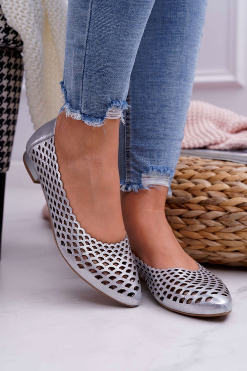 Baleriny Damskie Srebrne Skórzane Exquisite 1107/1