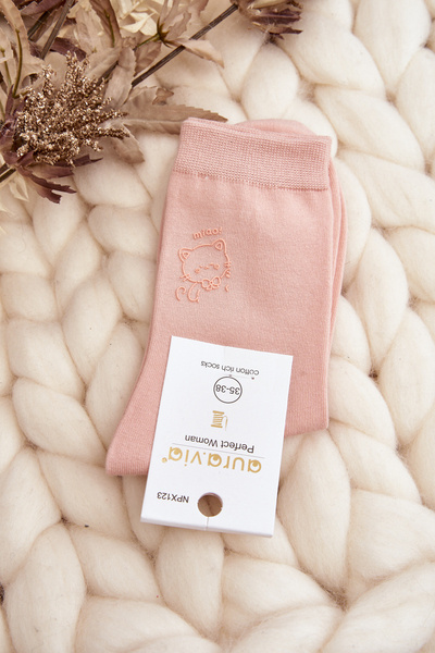 Women's Plain Socks with Cat Pink