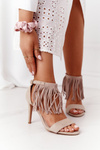 Suede High Heel Sandals With Fringes Beige Boho Swing