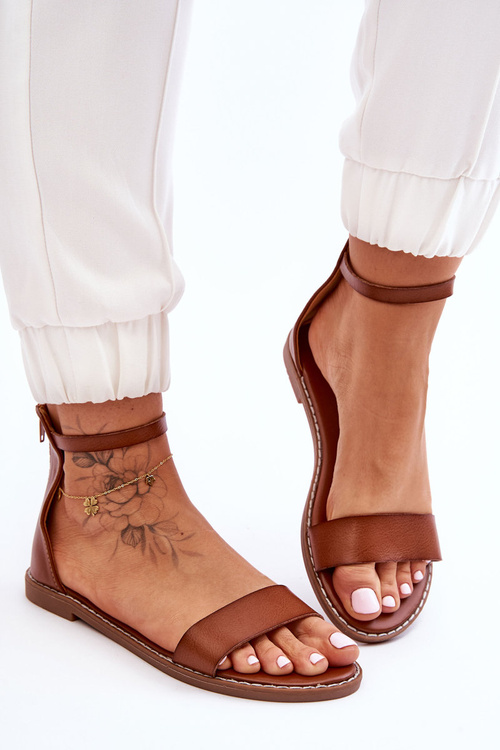 Leather Flat Zipper Sandals Brown Millou
