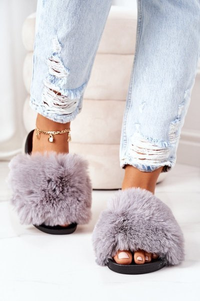 Rubber Slippers With Fur Grey Soft