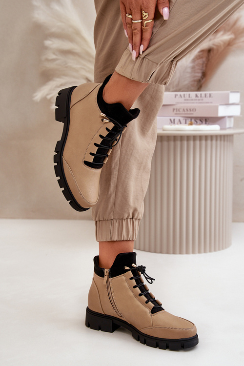 Damskie Ocieplane Botki Niskie Eko Skórzane Czarne Erisabelle