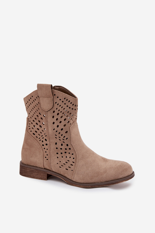 Ladies openwork ankle boots with flat heel beige Amisna