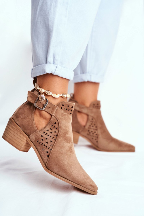 Suede Heeled Boots With Buckle Beige Esen