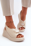 Leather Women's Wedge Sandals with Ornament Beige Salvania