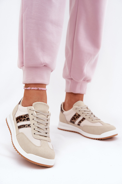 Eko Zamszowe Sneakersy Damskie Panterka Beżowe Marinils 