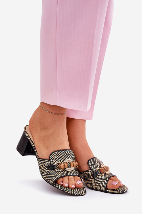 Damskie Klapki Z Ozdobą Na Obcasie Czarne Ovittole