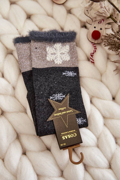 Women's Long Socks with Snowballs Dark Grey