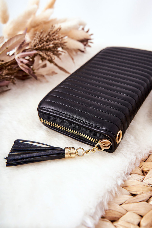 Large Quilted Wallet with Strap Black