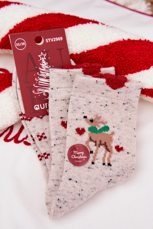 Women's Christmas Socks With Reindeer And Hearts Wool Alpaca Grey