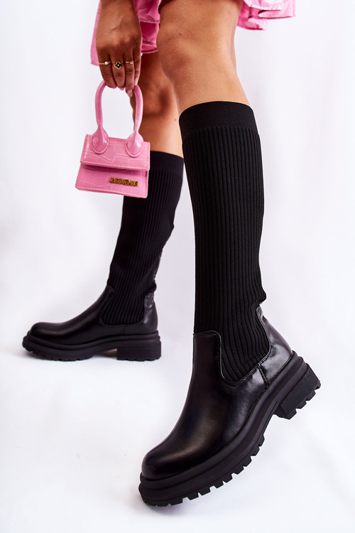 Ribbed Women's Boots On Flat Heel Black Allys