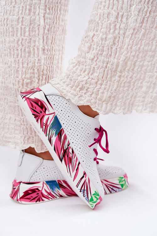 Women's Leather Sneakers On Patterned Platform Vinceza 88017 White