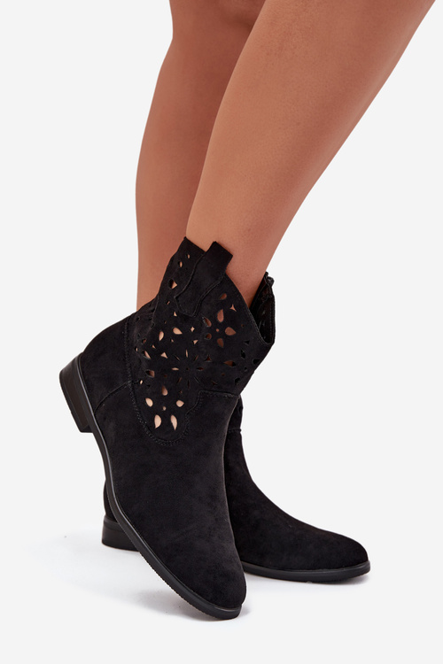 Women's Ankle Boots With Perforated Pattern On Flat Heel Eco Suede Black Athera