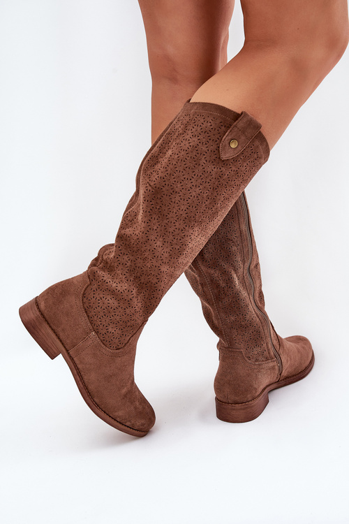 Flat Heel Boots With Perforated Pattern Brown S.Barski HY51-062