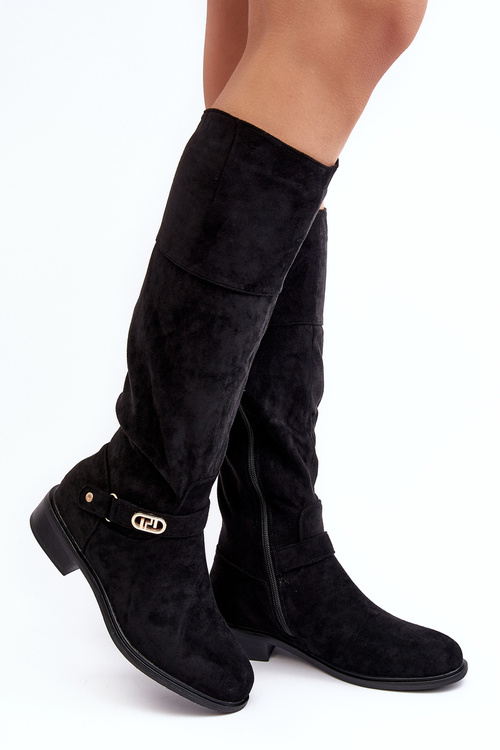 Fur-Lined Suede Ankle Boots with Flat Heel SBarski HY07-31 Black 
