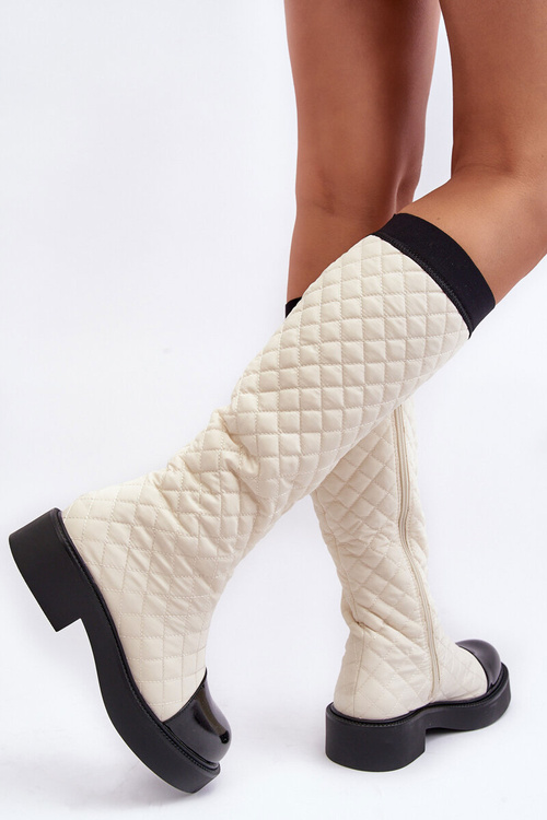 Quilted Knee-High Boots On Flat Heel Beige Amalfri