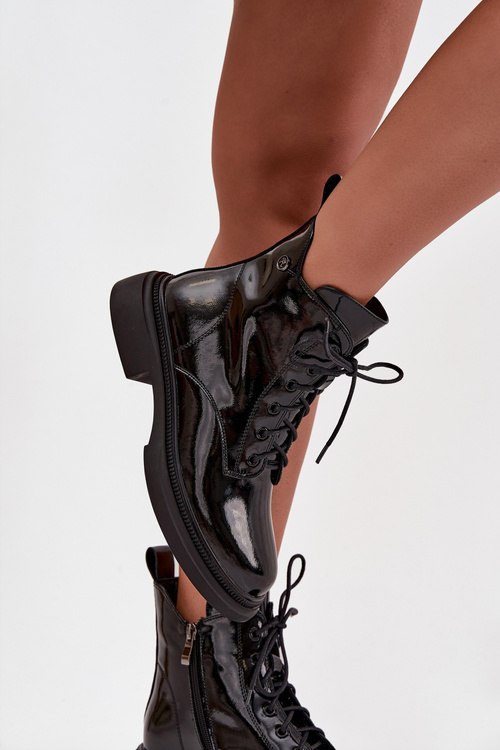 Leather Patent Ankle Boots Lined Black Gisella