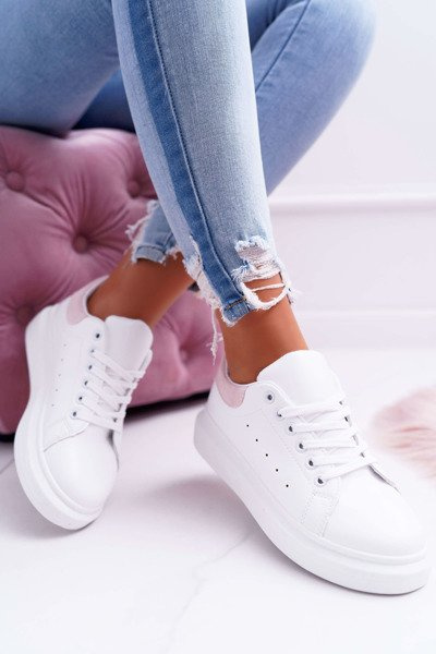 Sportowe Damskie Buty Gruba Podeszwa Białe Różowe Skirt