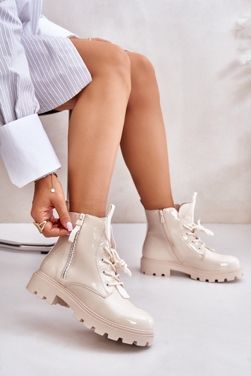 Lakierowane Ocieplane Botki Workery Napisy Beżowe Zinfreya