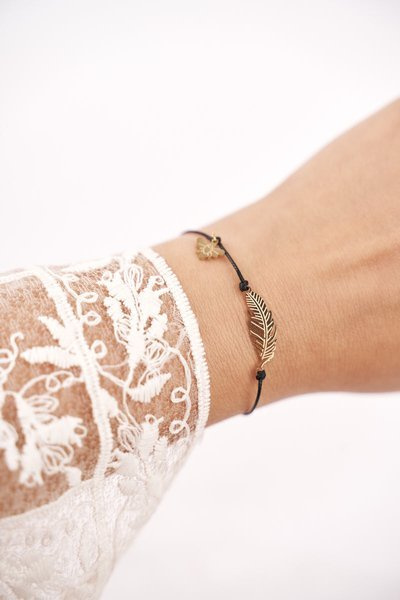 Damska Bransoletka Czarny Sznurek Celebrytka Złota Pióro Cleopatra