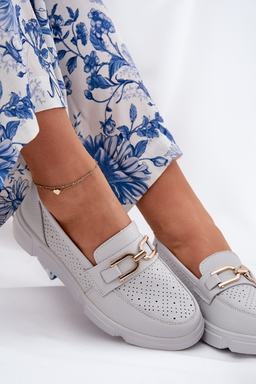 Mokasyny Skóra Naturalna Złota Ozdoba Jasnoszare Vinceza 88007