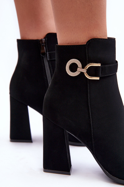 Leather Boots On Heel With Ornament Black Lymall