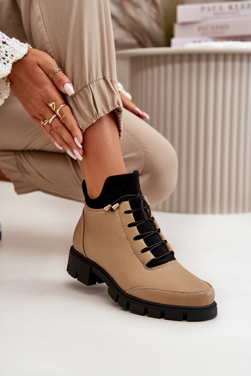 Damskie Ocieplane Botki Niskie Eko Skórzane Czarne Erisabelle