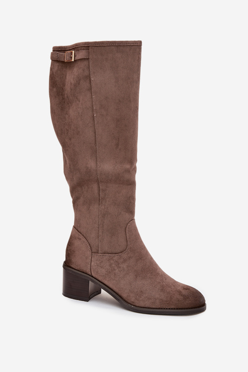 Knee-high eco suede boots on a heel Vinceza 58332 dark beige