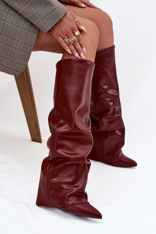 Insulated Women's Boots with Rolled Shaft on a Heel Bordeaux Elivira