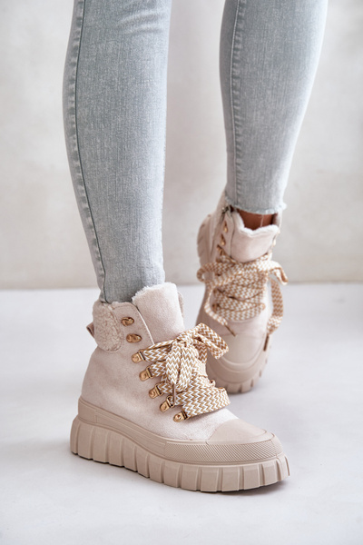 Botki Trapery Damskie Platforma Ocieplane Beżowe Alcyhen