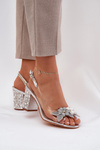 Transparent Sandals With Flowers On Decorated Heel D&A MR38-331 Silver