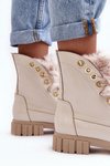 Leather Women's Boots With Faux Fur Light Beige Lewski 3296