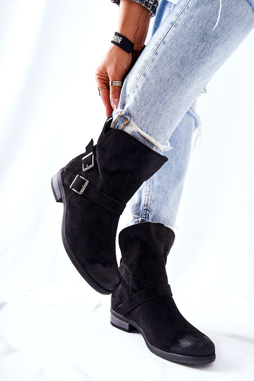Suede Booties with Buckles Black Renisse