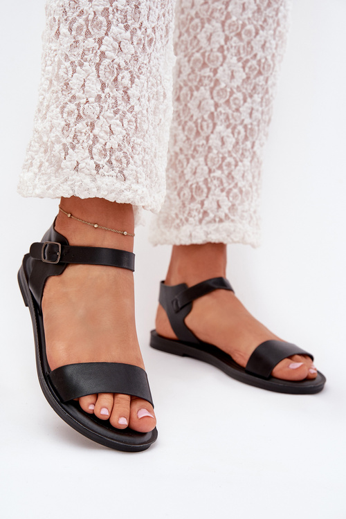 Ladies Sandals On A Flat Heel Eco Leather Black Kivara
