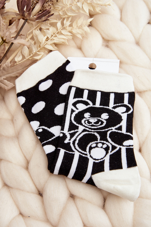 Women's Mismatched Socks with Teddy Bear Black and White
