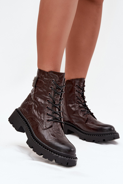 Leather Women's Ankle Boots With Wrinkled Effect And Buckle Artiker 57C1007 Chocolate