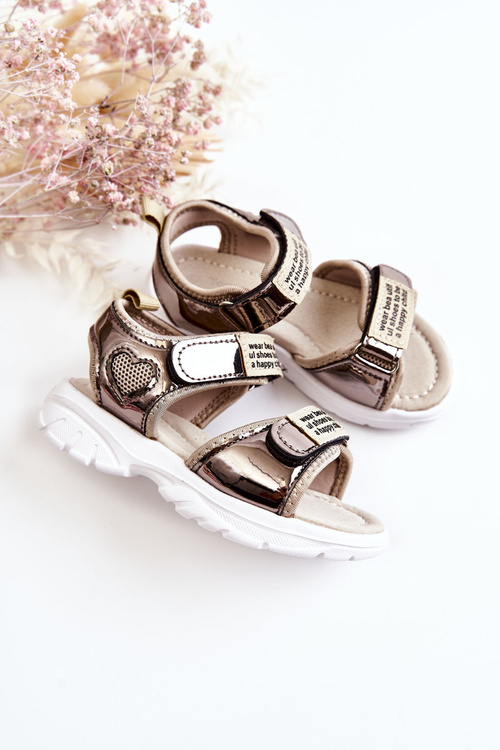 Leather Children's Sandals With Velcro Dark gold Amoss