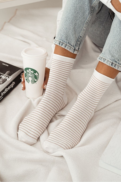 Skarpetki Damskie Bezuciskowe W Cienkie Paseczki Ecru