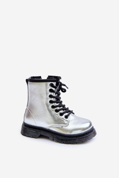 Lined Girls Patent Ankle Boots with Zip Silver Novita